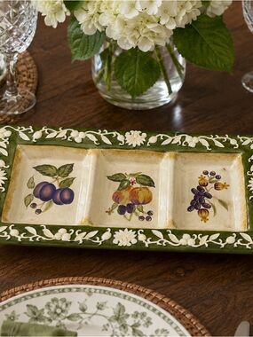 Ceramic Serving Painted Tray Fruit Grapes Plums Peaches 3 Sections Vine Border